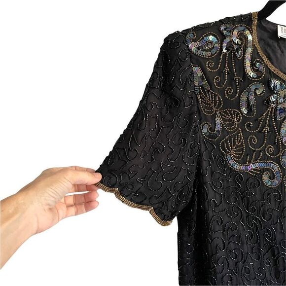 VINTAGE Braemar Silk Blouse Embellished Beading Sequins Black S - Picture 3 of 7